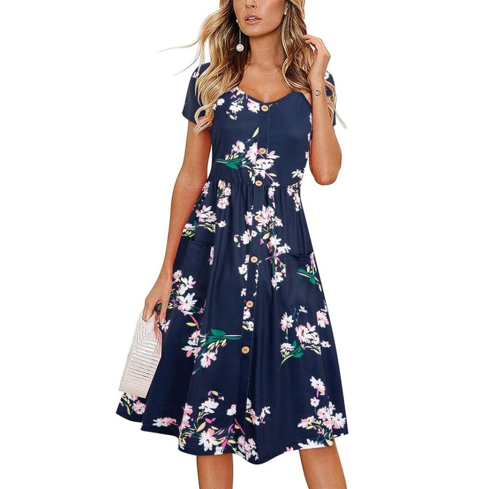 VOTEPRETTY Short Sleeve V Neck Button Floral Dress with Pockets. d91